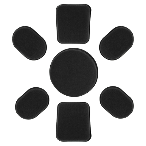 Seven black Condor Helmet Pads II in various shapes are arranged in a circle on a white background, with one large circular pad in the center surrounded by six rectangular pads.