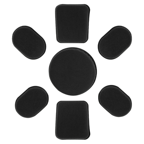 Seven black Condor Helmet Pads II in various shapes are arranged in a circle on a white background, with one large circular pad in the center surrounded by six rectangular pads.