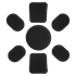 Seven black Condor Helmet Pads II in various shapes are arranged in a circle on a white background, with one large circular pad in the center surrounded by six rectangular pads.