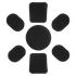 Seven black Condor Helmet Pads II in various shapes are arranged in a circle on a white background, with one large circular pad in the center surrounded by six rectangular pads.