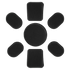 Seven black Condor Helmet Pads II in various shapes are arranged in a circle on a white background, with one large circular pad in the center surrounded by six rectangular pads.