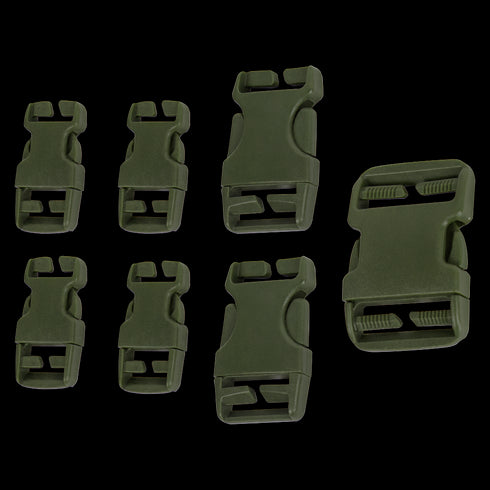 The Condor Buckle Repair Kit includes seven olive green plastic side release buckles in assorted sizes, perfect for military or law enforcement gear, shown on a transparent background.