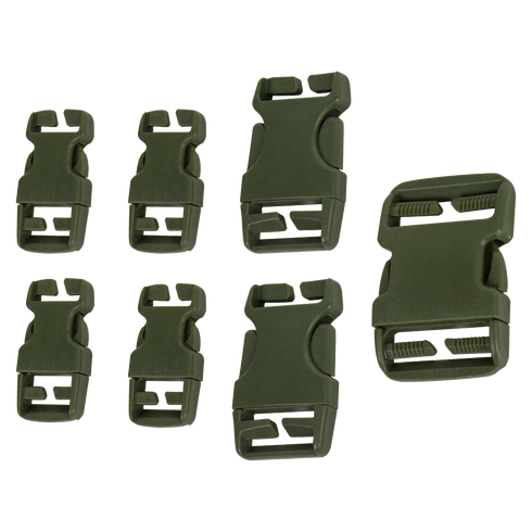 The Condor Buckle Repair Kit includes seven olive green plastic side release buckles in assorted sizes, perfect for military or law enforcement gear, shown on a transparent background.