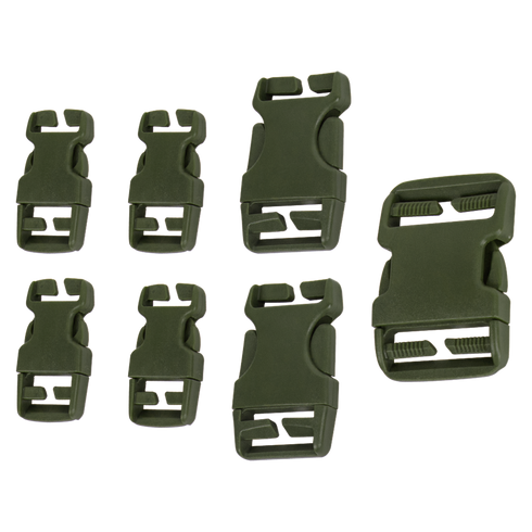 The Condor Buckle Repair Kit includes seven olive green plastic side release buckles in assorted sizes, perfect for military or law enforcement gear, shown on a transparent background.