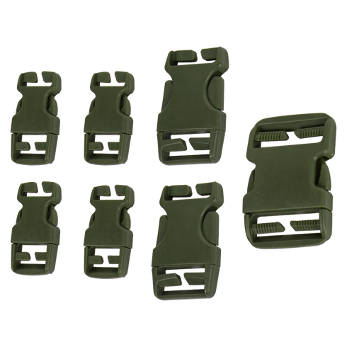 The Condor Buckle Repair Kit includes seven olive green plastic side release buckles in assorted sizes, perfect for military or law enforcement gear, shown on a transparent background.