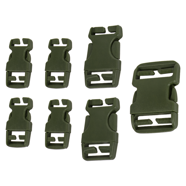 The Condor Buckle Repair Kit includes seven olive green plastic side release buckles in assorted sizes, perfect for military or law enforcement gear, shown on a transparent background.