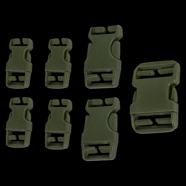The Condor Buckle Repair Kit includes seven olive green plastic side release buckles in assorted sizes, perfect for military or law enforcement gear, shown on a transparent background.