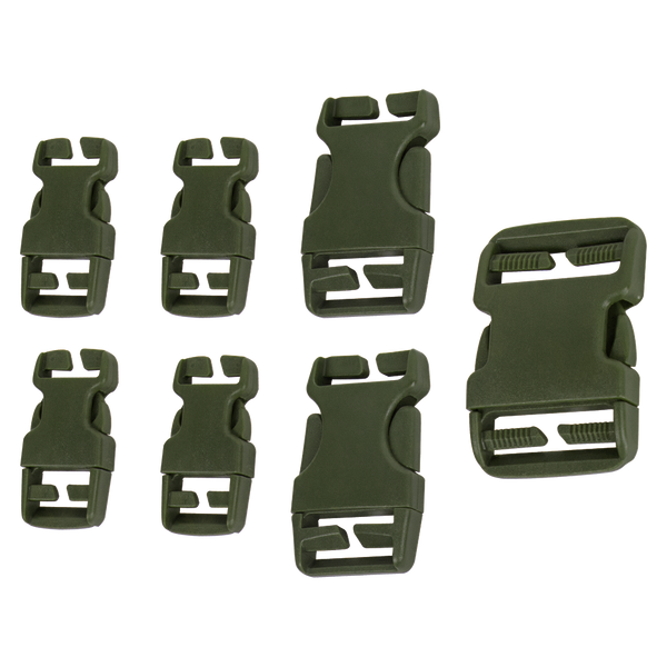The Condor Buckle Repair Kit includes seven olive green plastic side release buckles in assorted sizes, perfect for military or law enforcement gear, shown on a transparent background.