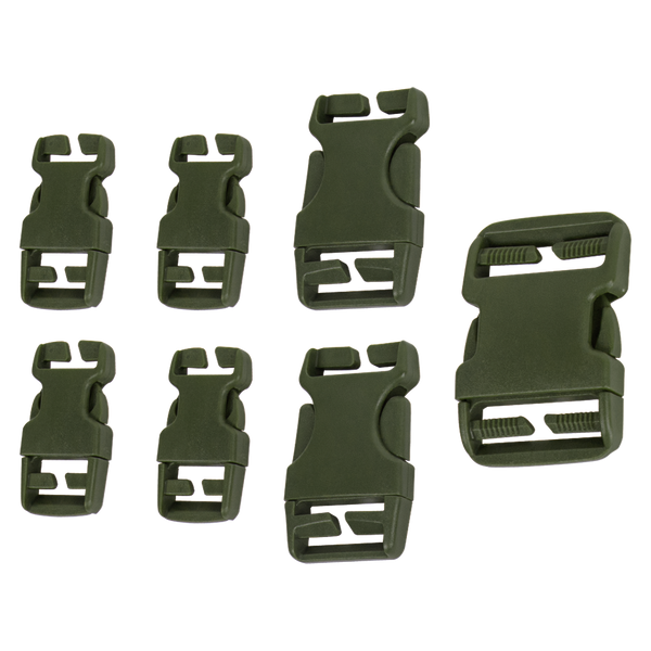 The Condor Buckle Repair Kit includes seven olive green plastic side release buckles in assorted sizes, perfect for military or law enforcement gear, shown on a transparent background.