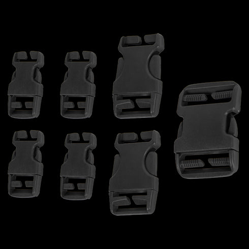 The Condor Buckle Repair Kit features six black plastic side-release buckles in assorted sizes, perfect for EDC or military gear, displayed on a white background.