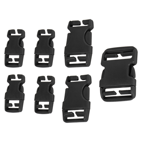 The Condor Buckle Repair Kit features six black plastic side-release buckles in assorted sizes, perfect for EDC or military gear, displayed on a white background.