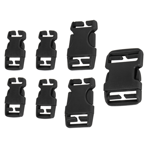 The Condor Buckle Repair Kit features six black plastic side-release buckles in assorted sizes, perfect for EDC or military gear, displayed on a white background.