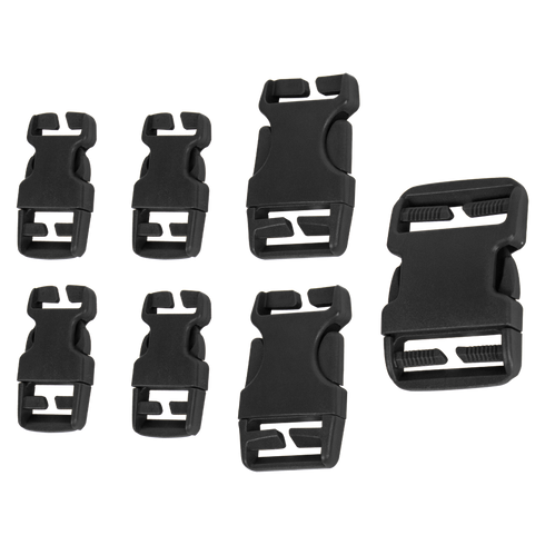 The Condor Buckle Repair Kit features six black plastic side-release buckles in assorted sizes, perfect for EDC or military gear, displayed on a white background.
