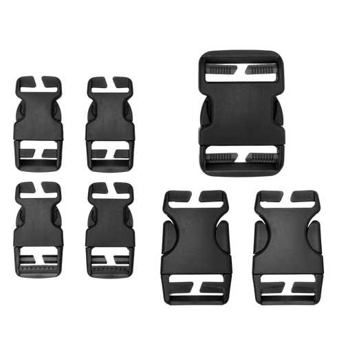 Seven black plastic side-release buckles from the Condor Buckle Repair Kit are displayed on a white background.