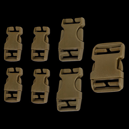 Seven coyote brown plastic quick release buckles of assorted sizes by Condor are arranged on a white background, perfect for use in a Buckle Repair Kit.