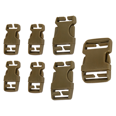 Seven coyote brown plastic quick release buckles of assorted sizes by Condor are arranged on a white background, perfect for use in a Buckle Repair Kit.
