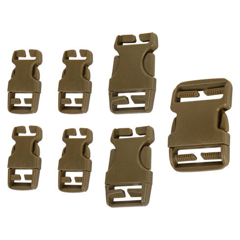 Seven coyote brown plastic quick release buckles of assorted sizes by Condor are arranged on a white background, perfect for use in a Buckle Repair Kit.