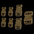 Seven coyote brown plastic quick release buckles of assorted sizes by Condor are arranged on a white background, perfect for use in a Buckle Repair Kit.