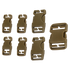 Seven coyote brown plastic quick release buckles of assorted sizes by Condor are arranged on a white background, perfect for use in a Buckle Repair Kit.