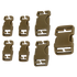Seven coyote brown plastic quick release buckles of assorted sizes by Condor are arranged on a white background, perfect for use in a Buckle Repair Kit.