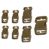 Seven coyote brown plastic quick release buckles of assorted sizes by Condor are arranged on a white background, perfect for use in a Buckle Repair Kit.