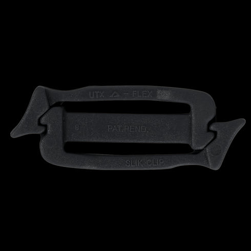 The UTX Siamese Slik Clip (10 Pack) features a flexible black plastic design, ideal for tactical and military use—perfect for first responders attaching gear or accessories to webbing or straps.