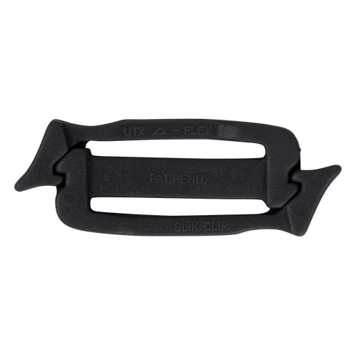 The UTX Siamese Slik Clip (10 Pack) features a flexible black plastic design, ideal for tactical and military use—perfect for first responders attaching gear or accessories to webbing or straps.