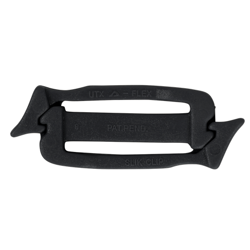 The UTX Siamese Slik Clip (10 Pack) features a flexible black plastic design, ideal for tactical and military use—perfect for first responders attaching gear or accessories to webbing or straps.