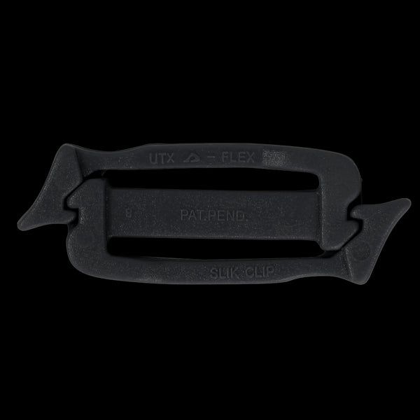 The UTX Siamese Slik Clip (10 Pack) features a flexible black plastic design, ideal for tactical and military use—perfect for first responders attaching gear or accessories to webbing or straps.