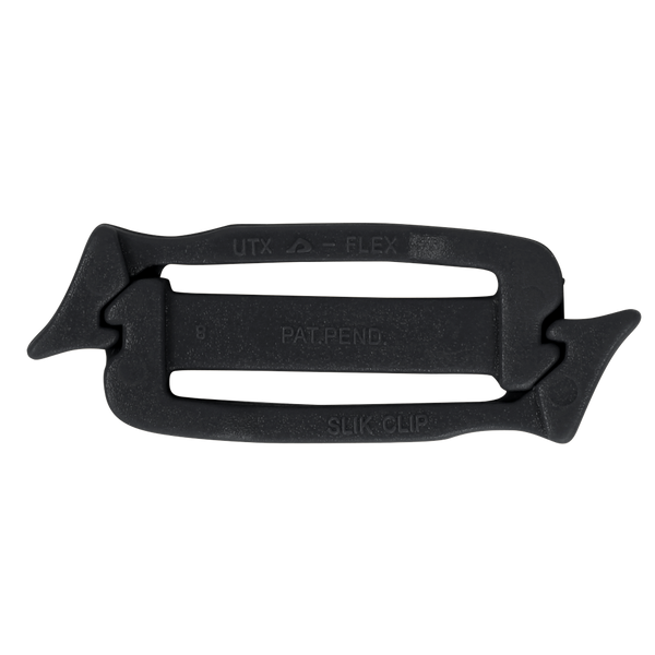 The UTX Siamese Slik Clip (10 Pack) features a flexible black plastic design, ideal for tactical and military use—perfect for first responders attaching gear or accessories to webbing or straps.