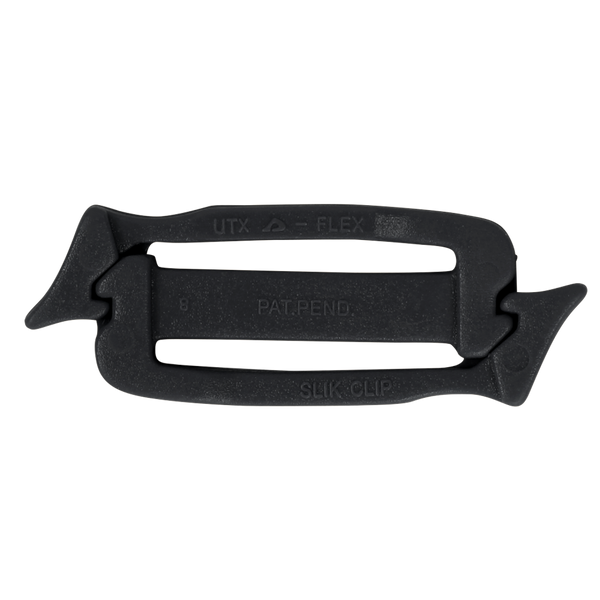 The UTX Siamese Slik Clip (10 Pack) features a flexible black plastic design, ideal for tactical and military use—perfect for first responders attaching gear or accessories to webbing or straps.