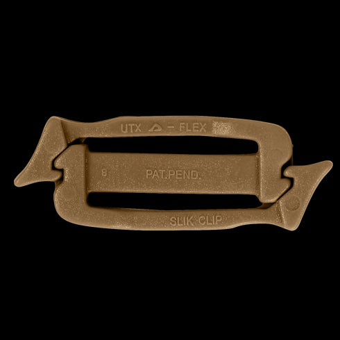 The UTX Siamese Slik Clip (10 Pack) features tan plastic clips with a rectangular center and hook-shaped ends—perfect for tactical gear or military use.