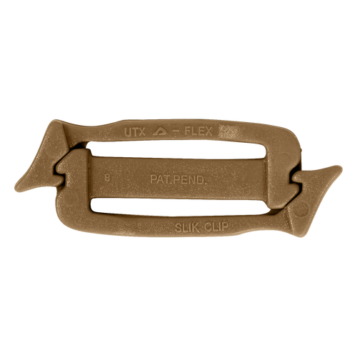 The UTX Siamese Slik Clip (10 Pack) features tan plastic clips with a rectangular center and hook-shaped ends—perfect for tactical gear or military use.
