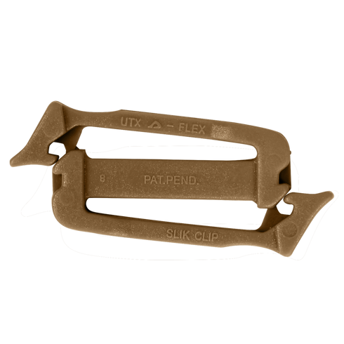 The UTX Siamese Slik Clip (10 Pack) is a brown plastic clip with patent pending marking, designed for secure gear attachment—perfect for military or law enforcement use.