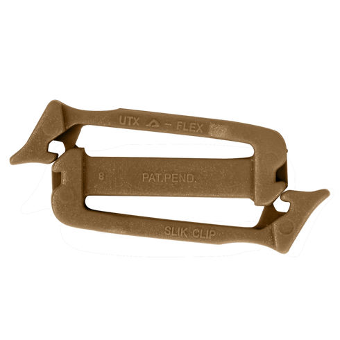 The UTX Siamese Slik Clip (10 Pack) is a brown plastic clip with patent pending marking, designed for secure gear attachment—perfect for military or law enforcement use.