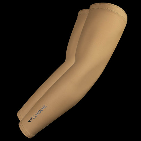 Condor Arm Sleeves in tan, featuring brand logo near the wrist, designed for EDC or military use, shown on a transparent background.