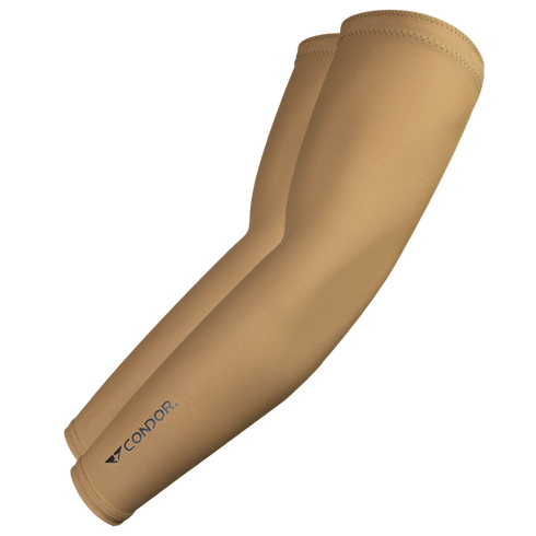 Condor Arm Sleeves in tan, featuring brand logo near the wrist, designed for EDC or military use, shown on a transparent background.