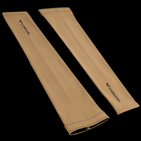 Condor Arm Sleeves in tan fabric feature the Condor logo near the wrist, provide UV protection, and have a moisture-wicking design for all-day comfort.