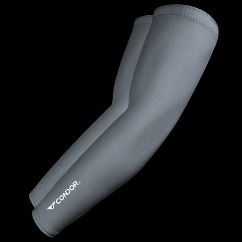 A pair of Condor Arm Sleeves in graphite, featuring moisture-wicking fabric and the Condor logo near the wrist, displayed on a white background.