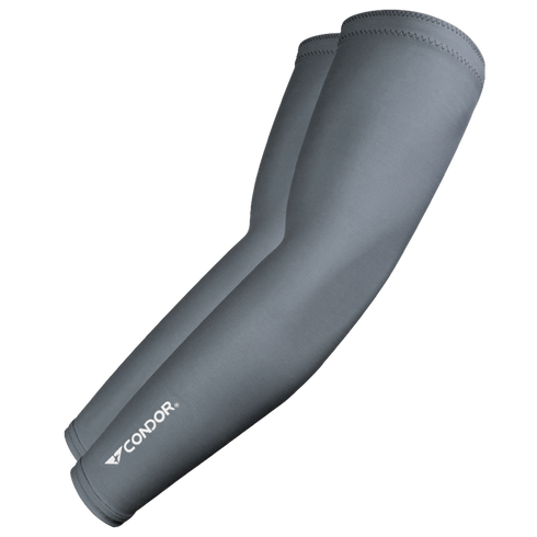 A pair of Condor Arm Sleeves in graphite, featuring moisture-wicking fabric and the Condor logo near the wrist, displayed on a white background.