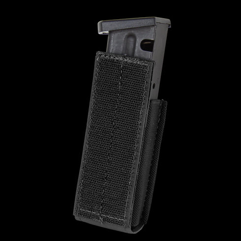 The Condor QD Pistol Mag Pouch (2 Pack) is a black nylon pouch with a visible Velcro closure, designed to securely hold metal firearm magazines.
