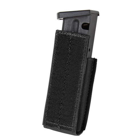 The Condor QD Pistol Mag Pouch (2 Pack) is a black nylon pouch with a visible Velcro closure, designed to securely hold metal firearm magazines.