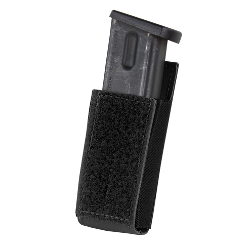 The Condor QD Pistol Mag Pouch (2 Pack) is a black fabric pouch with a front Velcro closure, designed to securely hold pistol magazines.