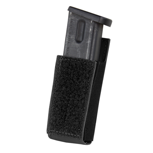 The Condor QD Pistol Mag Pouch (2 Pack) is a black fabric pouch with a front Velcro closure, designed to securely hold pistol magazines.