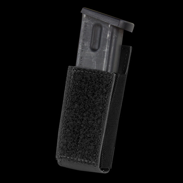 The Condor QD Pistol Mag Pouch (2 Pack) is a black fabric pouch with a front Velcro closure, designed to securely hold pistol magazines.