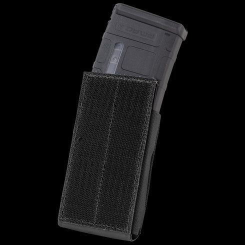 A Condor QD M4 Mag Pouch (2 Pack) in black holds a black rifle magazine partially inserted, with a Velcro front panel, standing upright against a white background—ideal for EDC or law enforcement use.