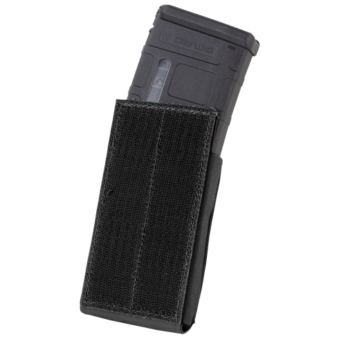 A Condor QD M4 Mag Pouch (2 Pack) in black holds a black rifle magazine partially inserted, with a Velcro front panel, standing upright against a white background—ideal for EDC or law enforcement use.