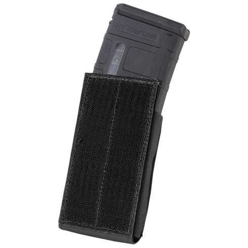 A Condor QD M4 Mag Pouch (2 Pack) in black holds a black rifle magazine partially inserted, with a Velcro front panel, standing upright against a white background—ideal for EDC or law enforcement use.