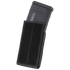 A Condor QD M4 Mag Pouch (2 Pack) in black holds a black rifle magazine partially inserted, with a Velcro front panel, standing upright against a white background—ideal for EDC or law enforcement use.