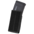 A Condor QD M4 Mag Pouch (2 Pack) in black holds a black rifle magazine partially inserted, with a Velcro front panel, standing upright against a white background—ideal for EDC or law enforcement use.